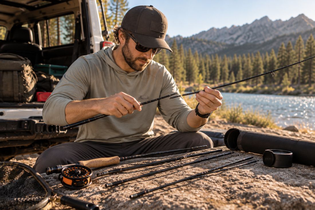 Assembling a fly rod from its pieces at the trailhead