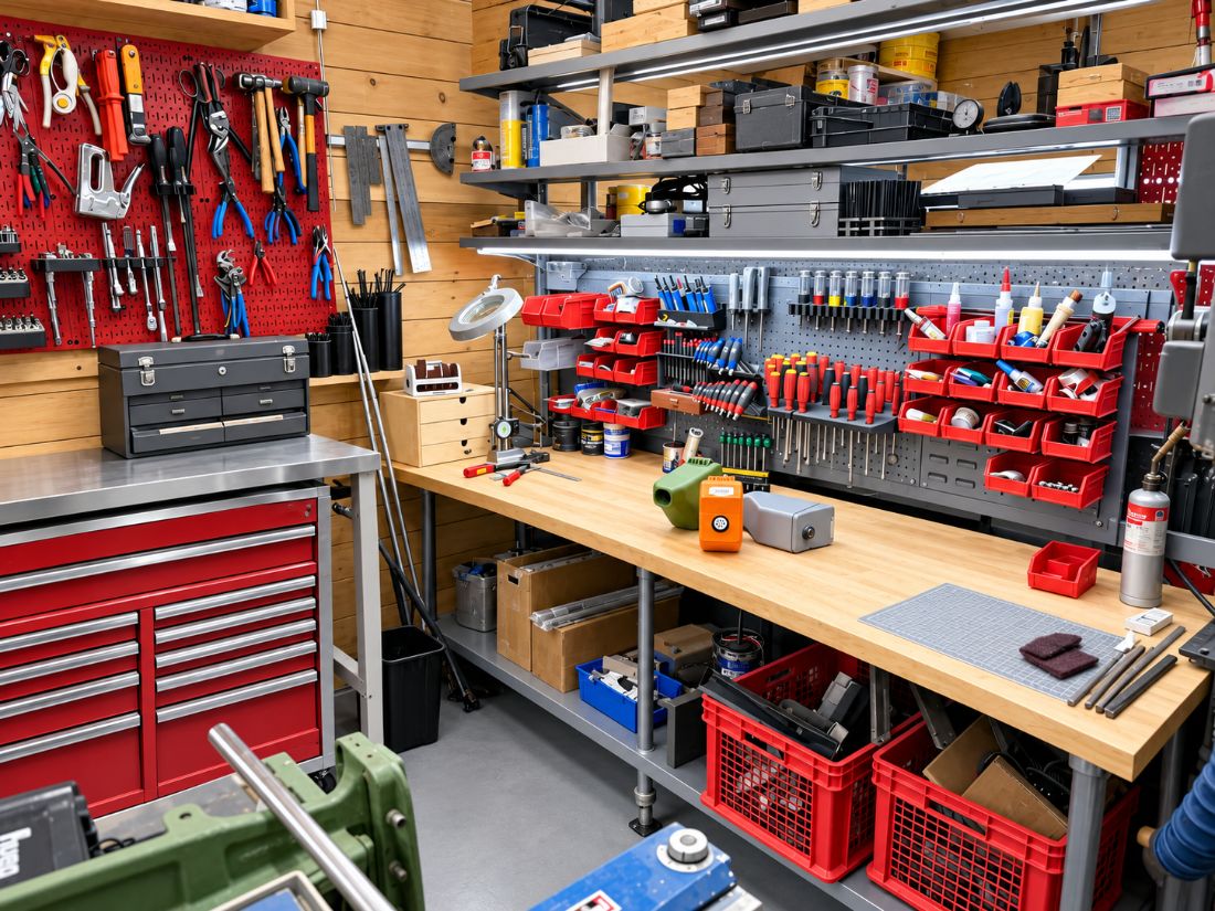 Mitchell Pacific workshop bench with tools and carrier parts